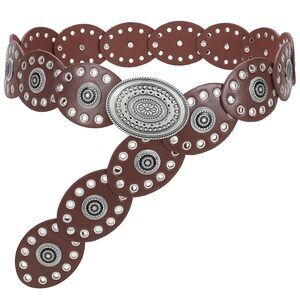 1887 Women Disc Concho Leather Belt Western Cowgirl Hollow Belt Vintage Boho